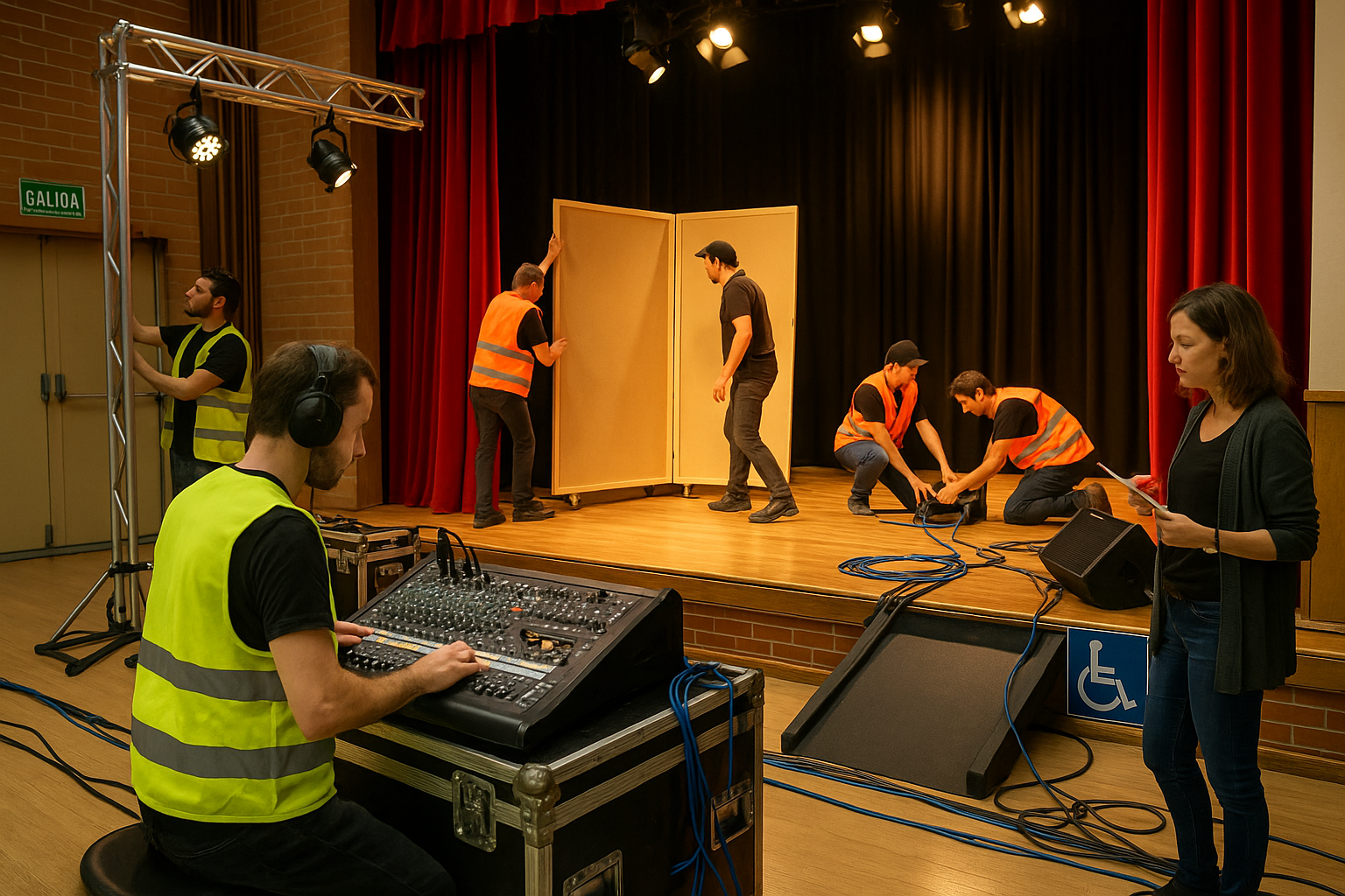 Equipo técnico montando escenografía y sonido